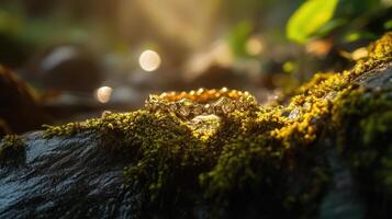 A ring sitting on top of a rock in the forest photo