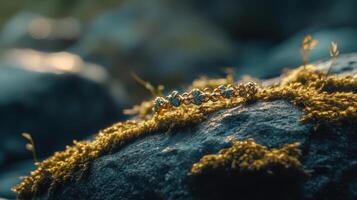 A ring sitting on top of a rock with moss photo