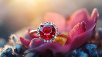 An engagement ring with a red stone on top photo