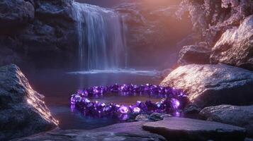A purple stone ring sits in a stream surrounded by rocks photo