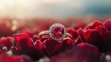 An engagement ring sits on top of a bunch of red flowers photo