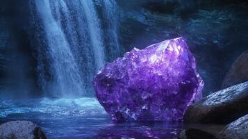 A purple stone is sitting in the water next to a waterfall photo