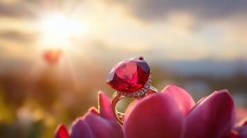 An engagement ring sits on top of a red flower photo