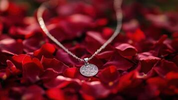 A silver coin necklace laying on top of red flowers photo