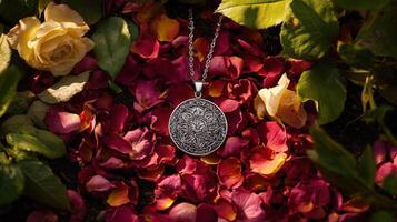 A silver medallion with a flower pendant laying on top of a bed of flowers photo