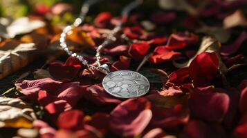 A silver disc is laying on the ground surrounded by red petals photo