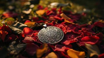 A silver medallion is laying on the ground photo