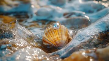 A shell with a pearl on top of a rock photo
