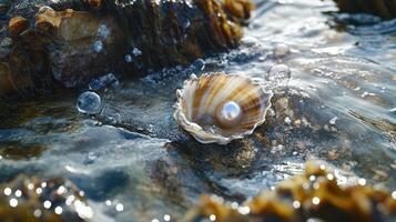 A shell is sitting on the rocks in the water photo