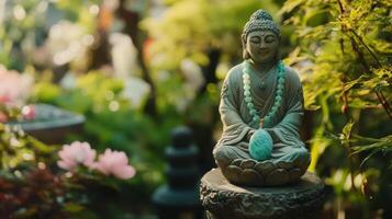 A buddha statue is sitting in a garden photo