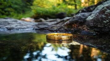 A gold ring sits on the edge of a stream photo
