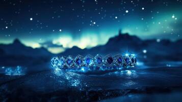A blue diamond ring on top of a mountain photo