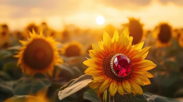 A sunflower with a ruby on it in the middle of a field photo