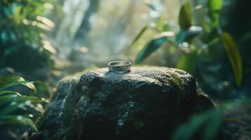An image of a ring sitting on a rock in the forest photo