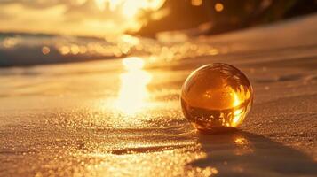 Golden egg on the beach at sunset photo