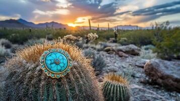 A turquoise ring sits on top of a cactus photo