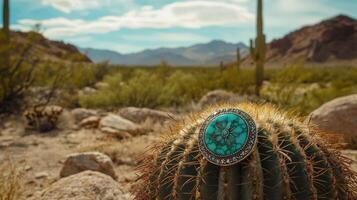 A turquoise ring sitting on top of a cactus photo
