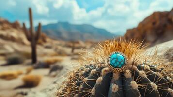 A ring sitting on top of a cactus in the desert photo