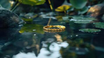 A gold ring floating in a pond photo