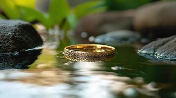 A wedding ring floating in a pond photo