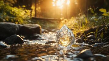 A water drop in the stream with sunlight shining through it photo