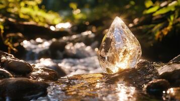 A crystal is sitting in the water next to a stream photo