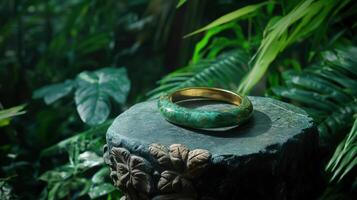 A ring sitting on top of a tree stump photo