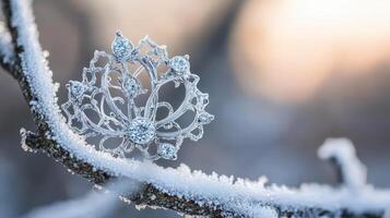 A diamond brooch on a branch covered in snow photo