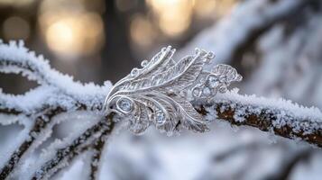 A silver ring with leaves on it in the snow photo