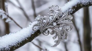 A silver brooch on a branch covered in snow photo