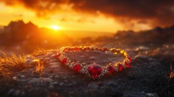 A red bracelet on a rock in the sunset photo