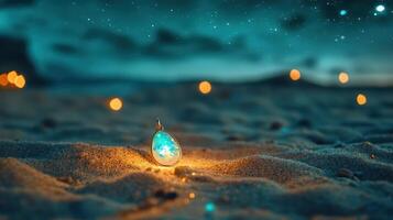 A blue light is shining in the sand photo