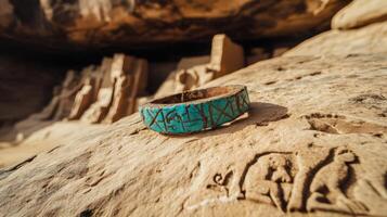 A turquoise ring sitting on a rock in front of a cave photo