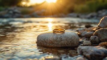 Wedding rings on rocks in the river photo