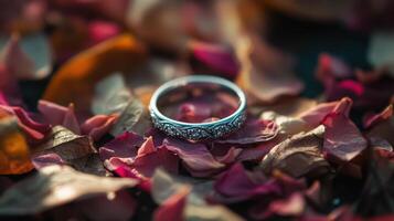 An engagement ring laying on the ground surrounded by flowers photo