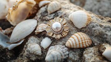 A pearl and shell ring sitting on top of a rock photo
