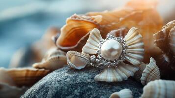 A pearl and a ring on a rock photo