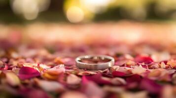 Wedding ring on the ground surrounded by pink petals photo