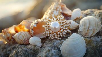 A pearl and sea shells on a rock photo