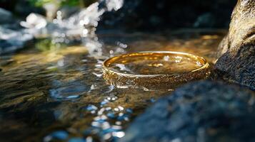 A gold ring is sitting in water on a rock photo