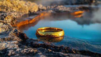 A gold ring sits on top of a hot spring photo