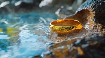 A gold ring sitting on top of a rock photo