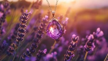 Amethyst pendant in lavender field photo