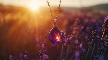 A purple stone pendant is shown in front of a field of lavender flowers photo