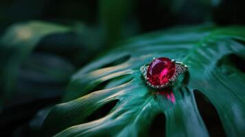 A red stone ring sitting on top of a green leaf photo