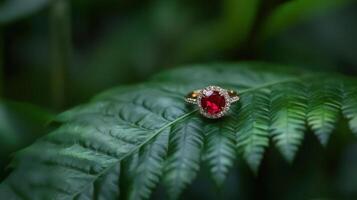 An engagement ring on a leaf photo