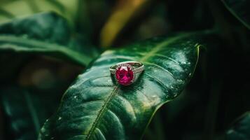 An engagement ring on a leaf photo