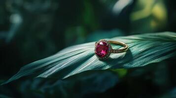 An engagement ring on a leaf photo
