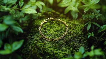 A gold bracelet is sitting on top of green moss photo