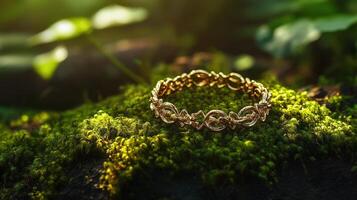 A gold ring sitting on top of a moss covered ground photo